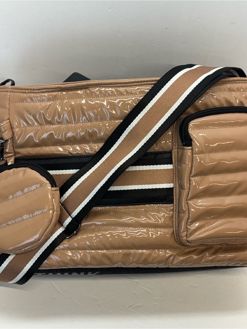 Think Royln Kira Quilted Puffer Crossbody Bag Tote Handbag Messenger Purse Tan